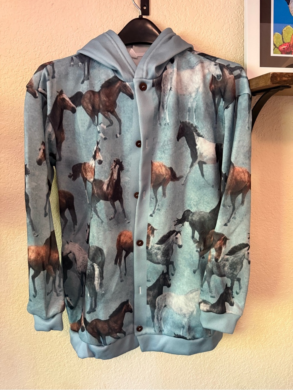 Blue Horse Print Button-Up sweater jacket